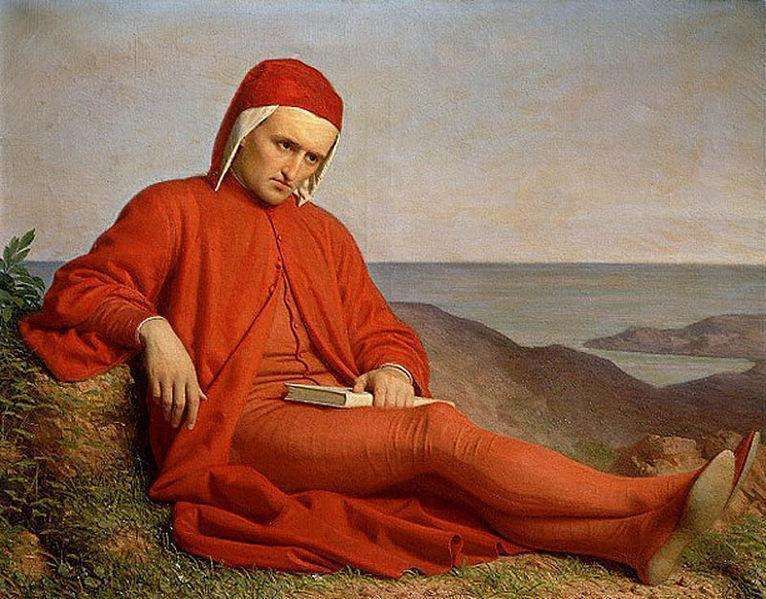Moški v rdeči srednjeveški obleki in kapi sedi na travniku ob morju, v roki drži knjigo, v ozadju hribovita obala (portret Danteja Alighierija).